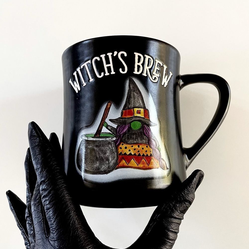 Halloween Mug, Witches Brew, Gnome Witch, Black, Cauldron, 17 fluid oz